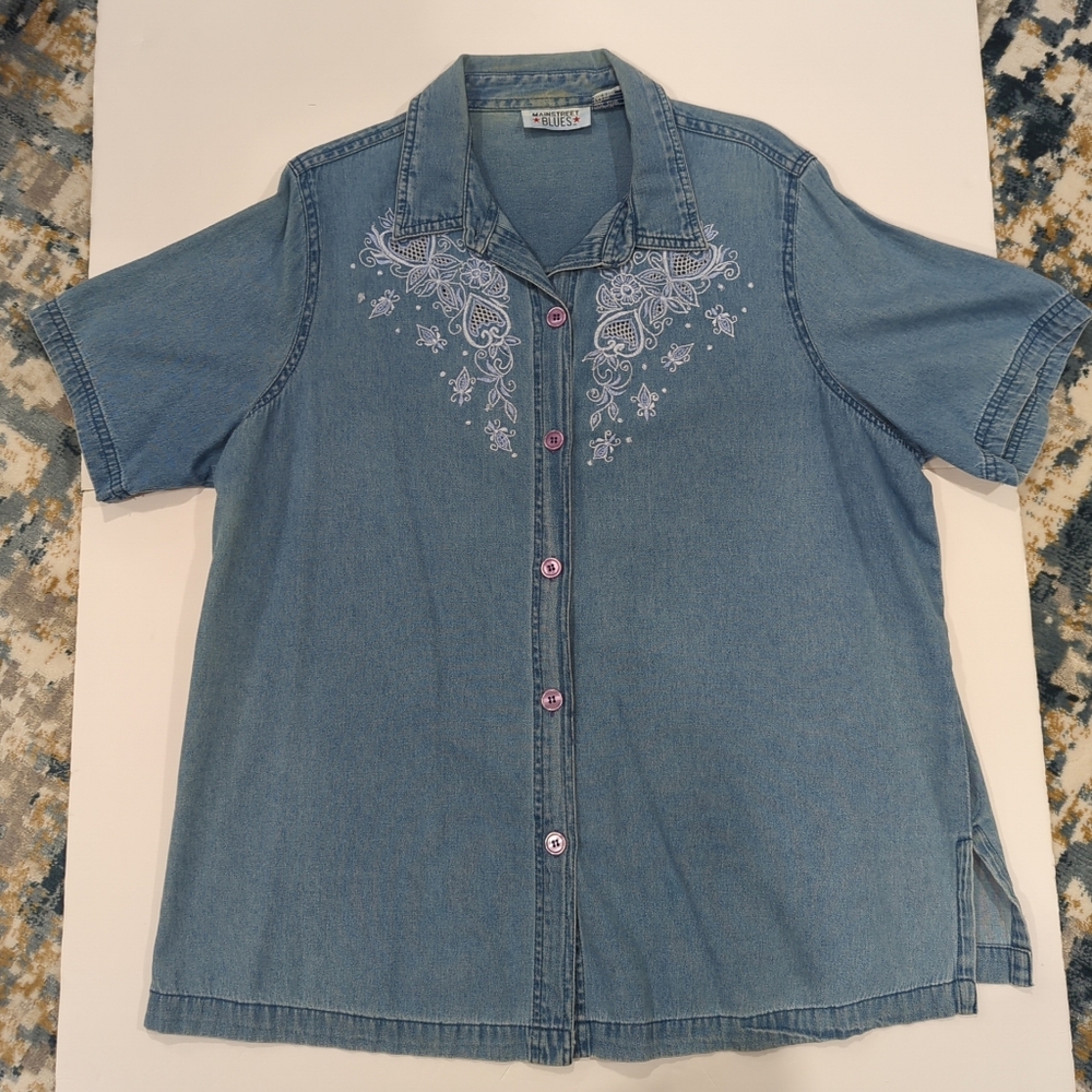 Main Street Blues Blue Denim Shortsleeve Button-Up Shirt Embroidered Women's 20W - Picture 8 of 15